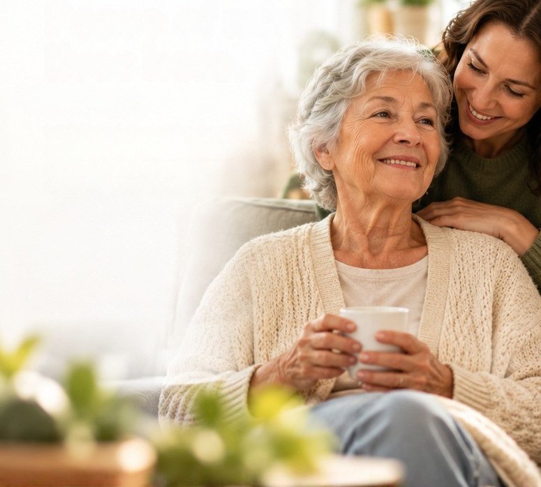 Smiling older woman holding a cup of tea while her daughter hugs her from behind