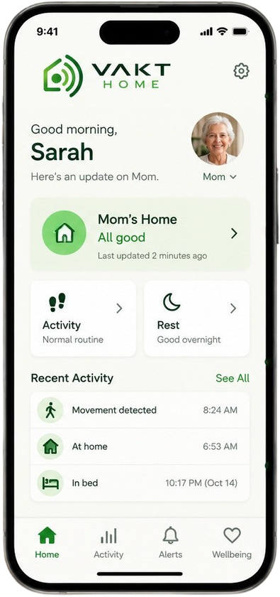 VAKT Home app showing Mom's Home is all good, with normal activity and a good night's rest